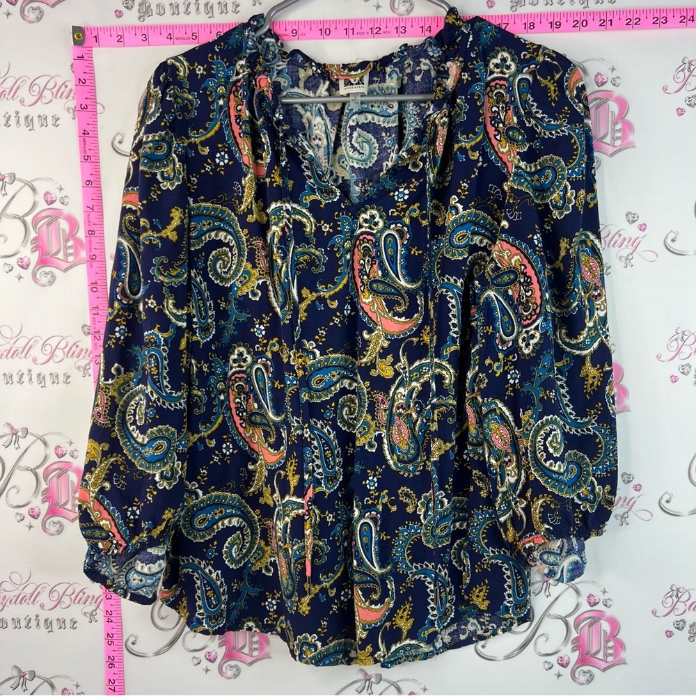 Anne Klein shirt long sleeve Navy Paisley Blouse with Coral and Teal Accents